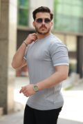 Erkek Bisiklet Yaka çizgi Desenli Ribanalı Kısa Kollu Tshirt resmi